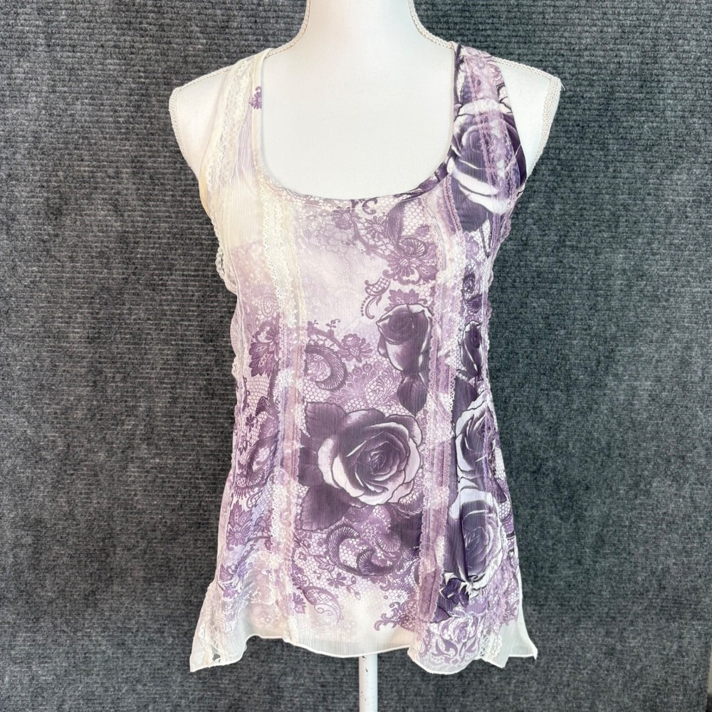Y2K Sheer Mesh Tank Top Purple Floral Lace Trim Fairycore Coquette Sleeveless